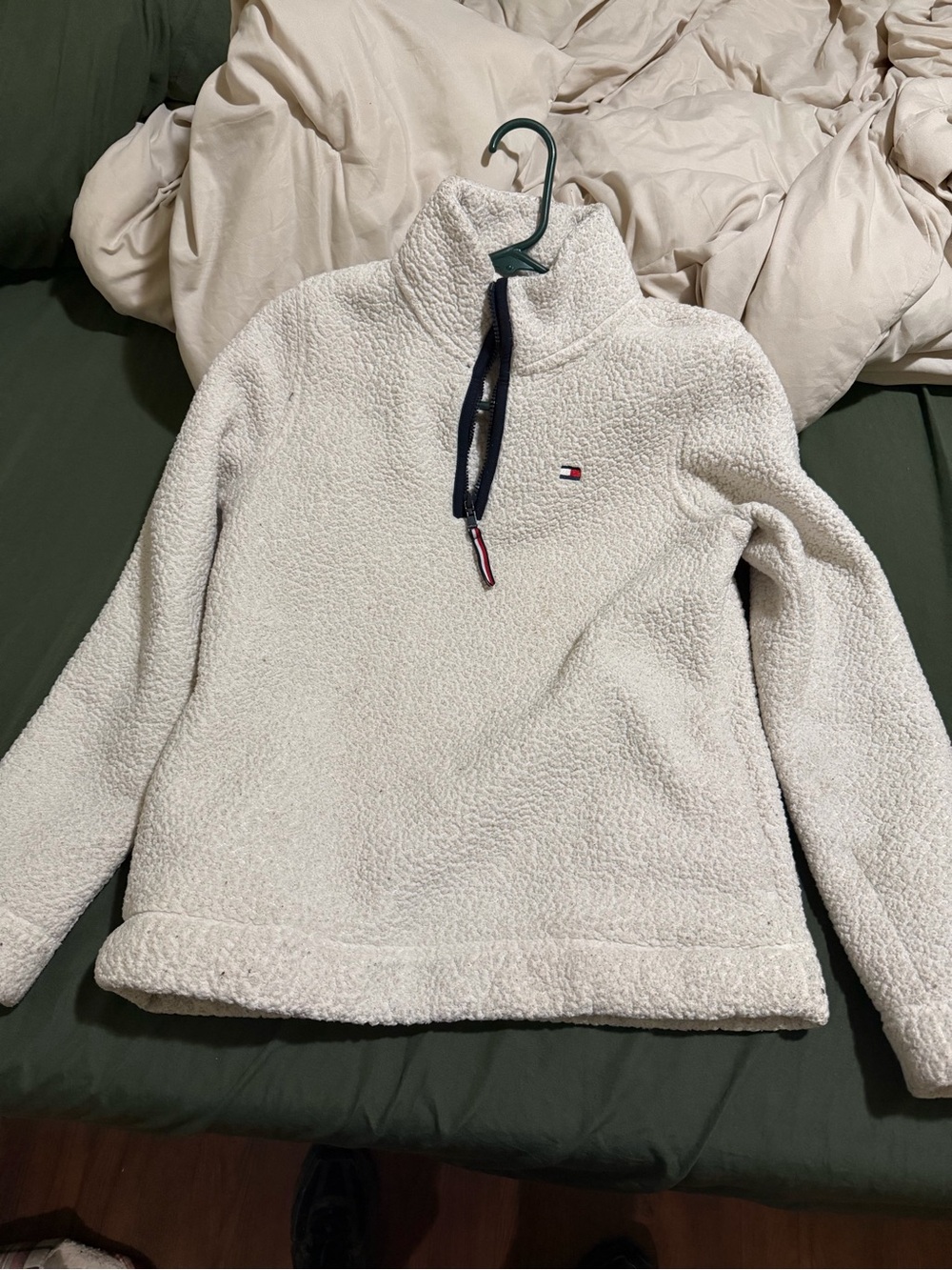 Tommy Hilfiger Cream Sherpa Half-Zip Pullover with Navy Trim